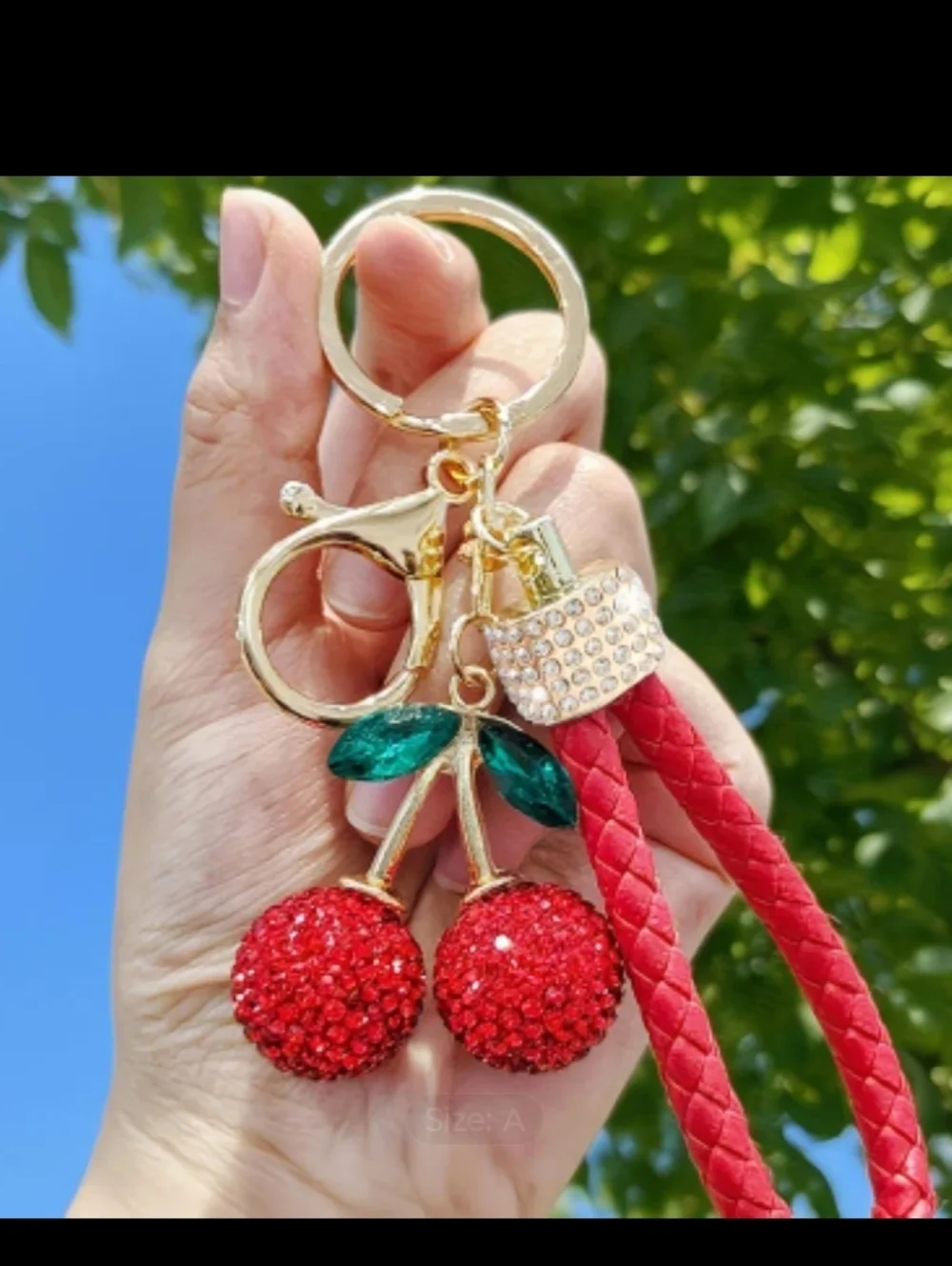 Cherry Crystal Keychain with Red Braided Strap Rhinestones and Gold Hardware